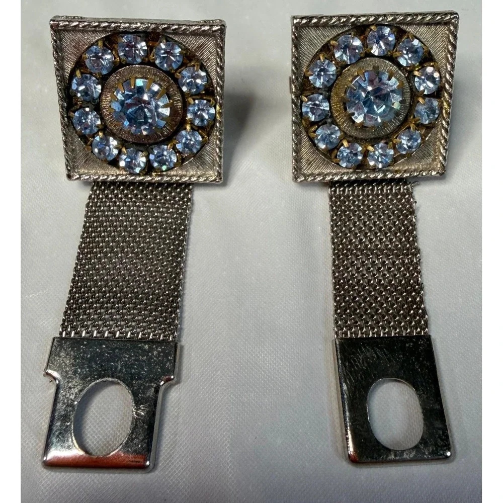 VTG Silver Tone Blue Rhinestone Mesh Wrap Around Cufflinks Square Mid Century